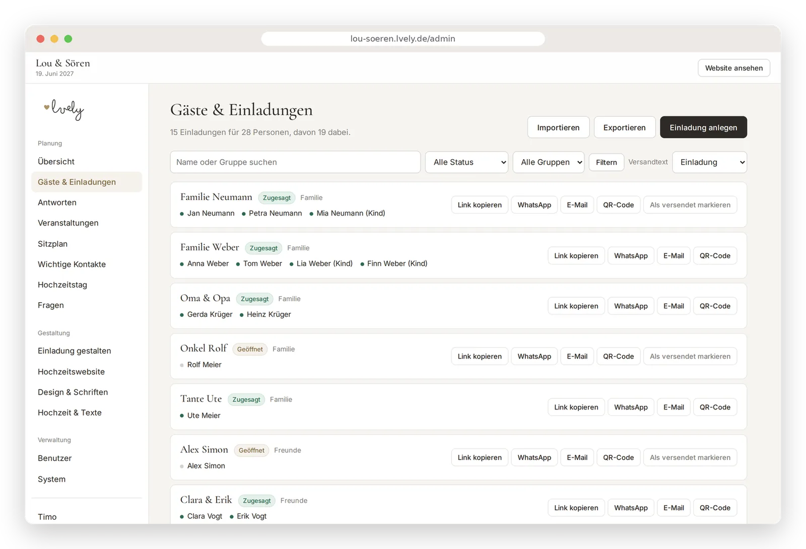Gästeliste mit Versand per WhatsApp und E-Mail