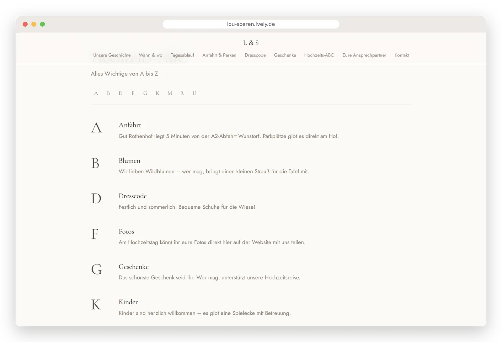 Hochzeits-ABC mit Buchstaben-Navigation