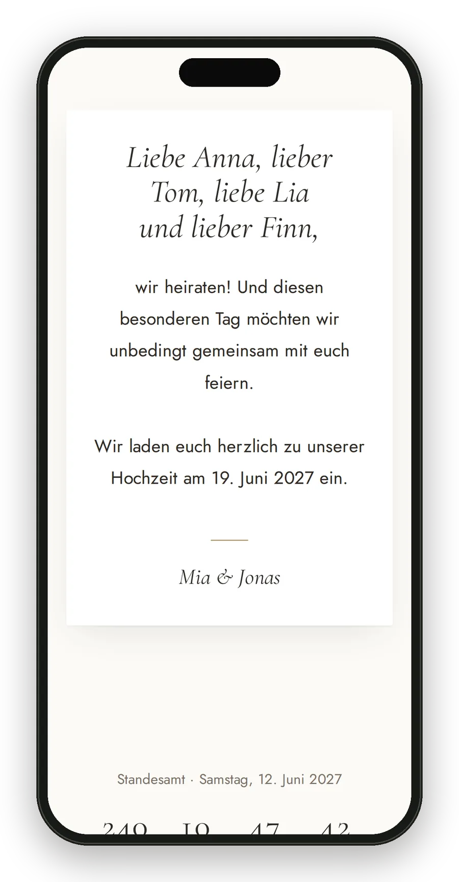 Persönliche Hochzeitseinladung mit Anrede auf dem Handy