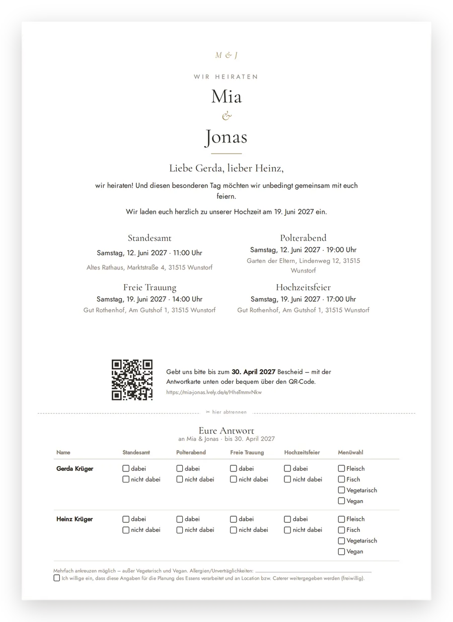 Gedruckte Hochzeitseinladung mit QR-Code und Antwortkarte